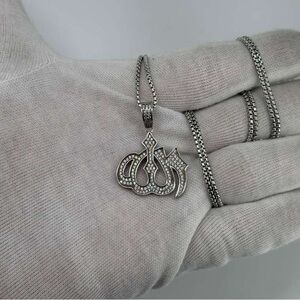 925 Sterling Silver White Gold Dipped Allah Pendant CZ Iced 6g Unisex